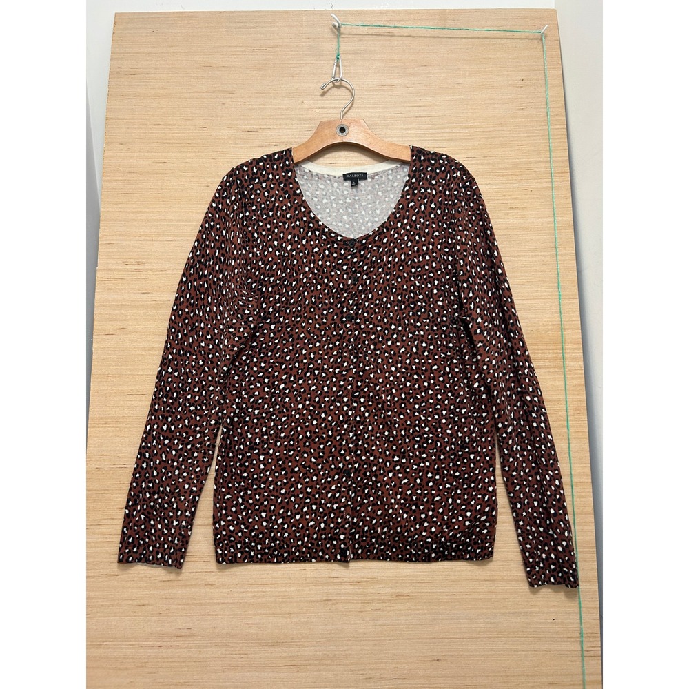 Talbots‎ Womens Large Brown Animal Print Button Front Crew Neck Knit Cardigan